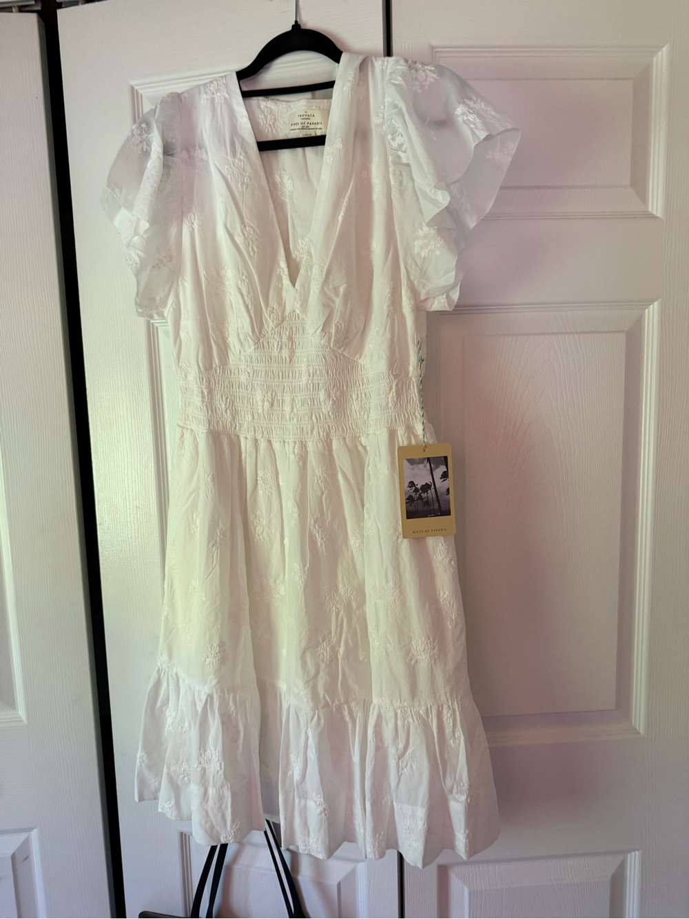 Trovata White V-Neck Embroidered Ruffle Midi Dress
